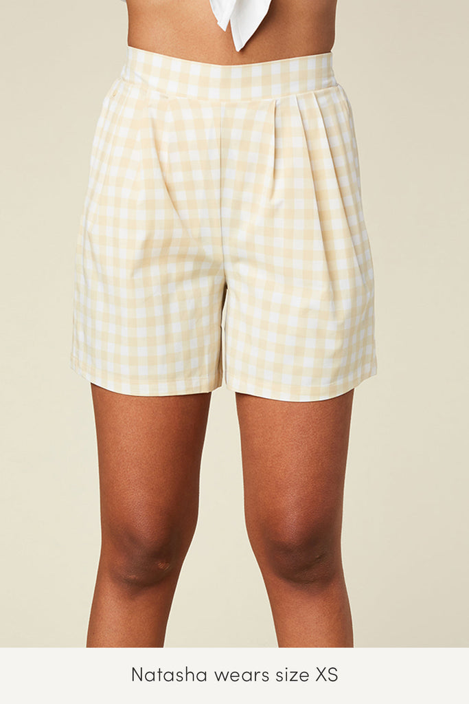 xs summer travel shorts in lemon plaid