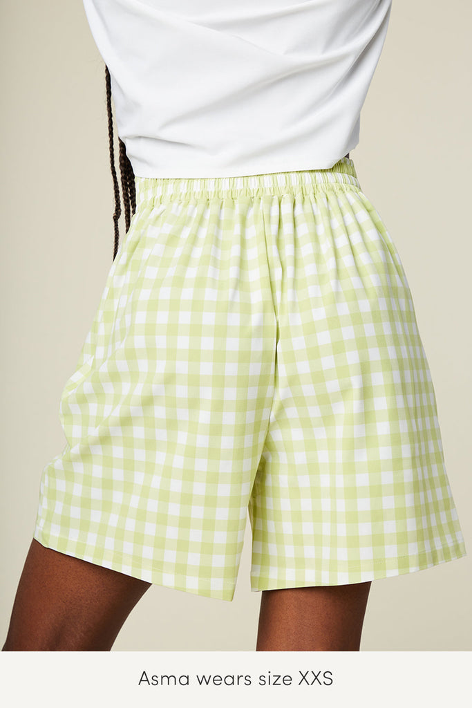 summer bermuda shorts for women in lime plaid