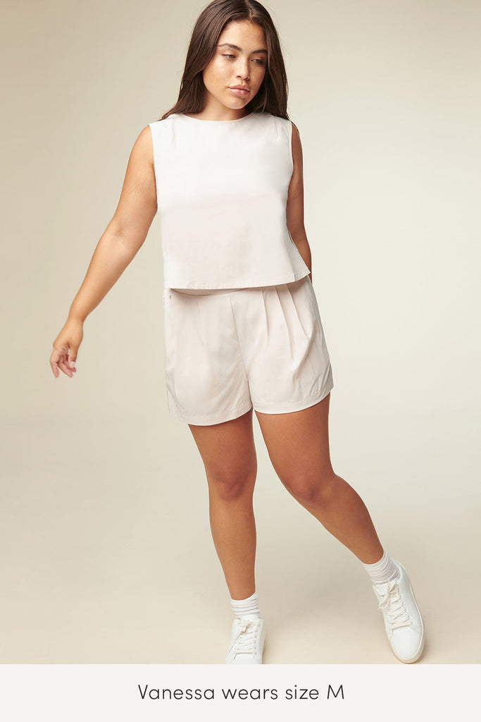 medium flow shorts from wayre in neutral dune color