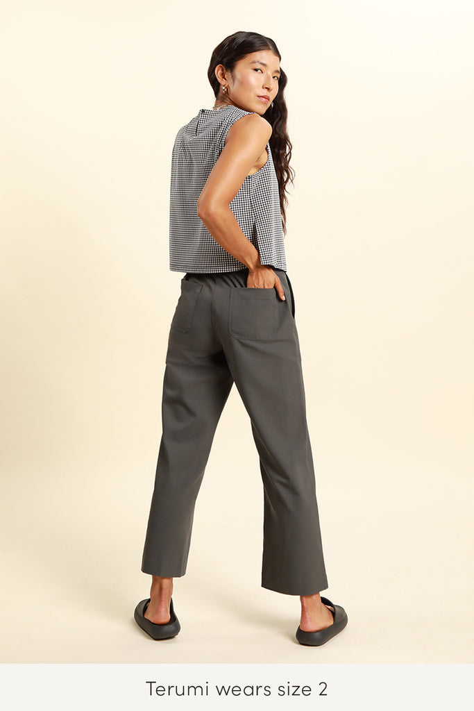 travel pants in neutral grey color
