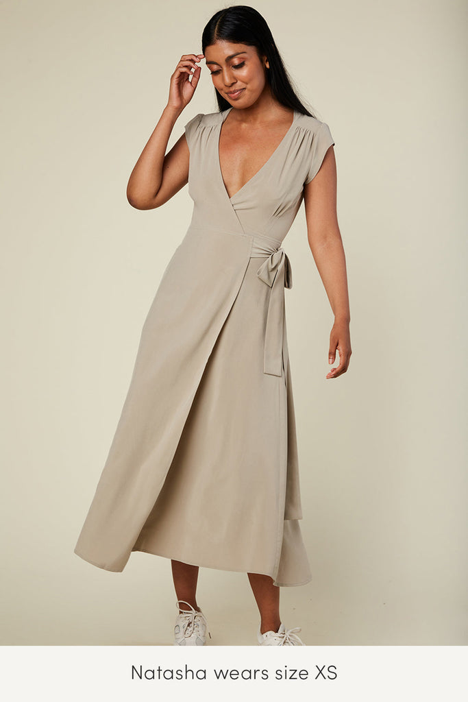 xs reversible wrap dress in neutral color