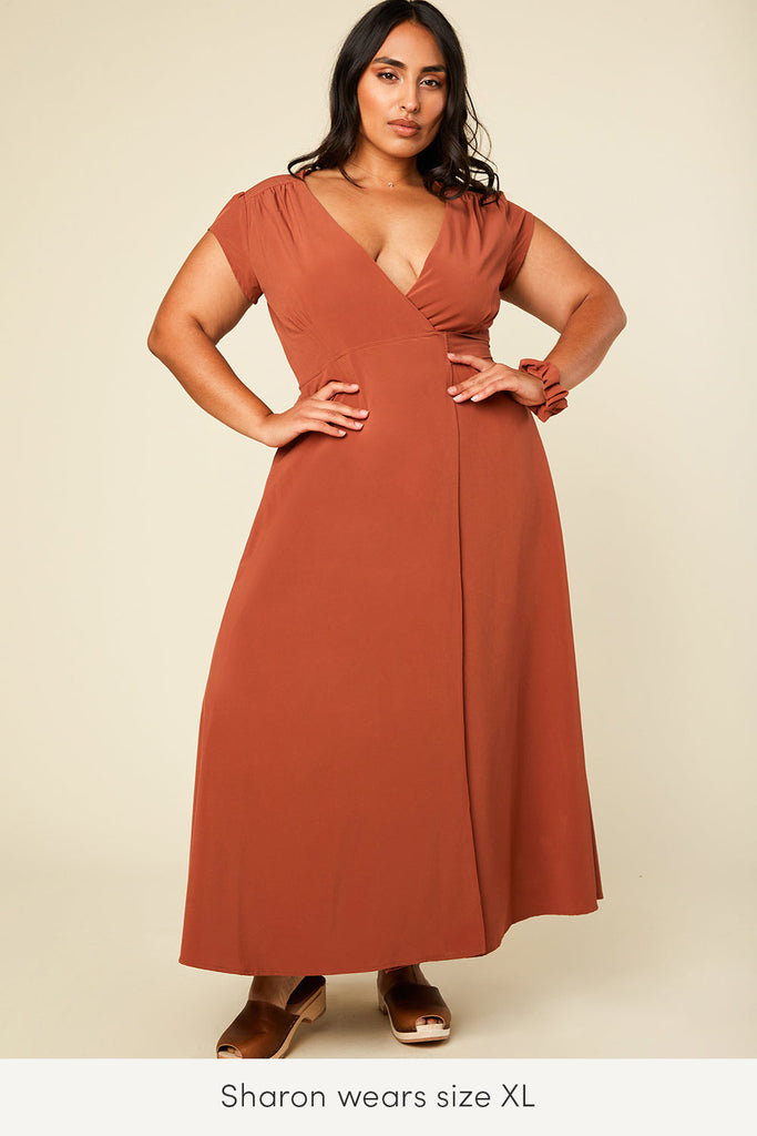 roma reversible wrap dress with pockets in clay rust color
