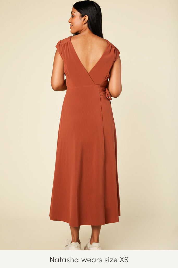 xs reversible wrap dress with pockets in rust color