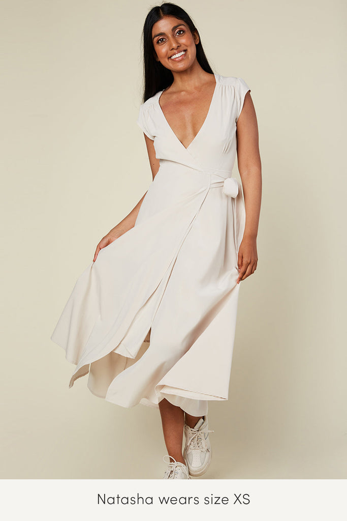 xs roma reversible wrap dress in light dune color