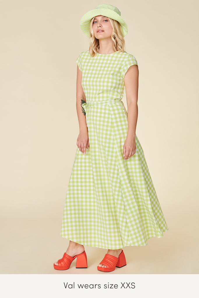 xxs travel wrap dress in light green lime plaid with pockets
