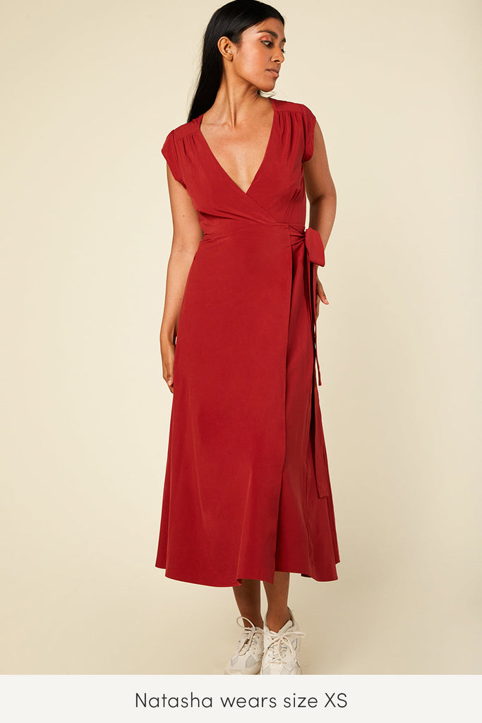 xs red wrap dress for travel sustainably made
