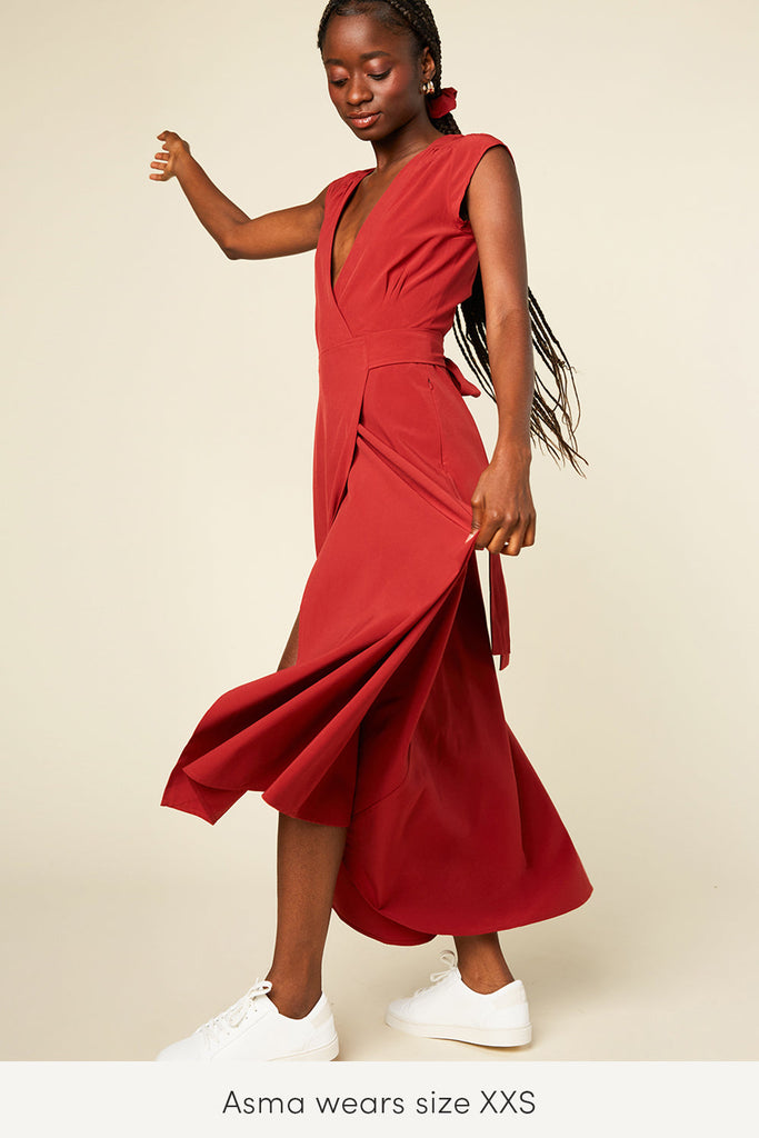 xxs travel reversible wrap dress in red merlot color