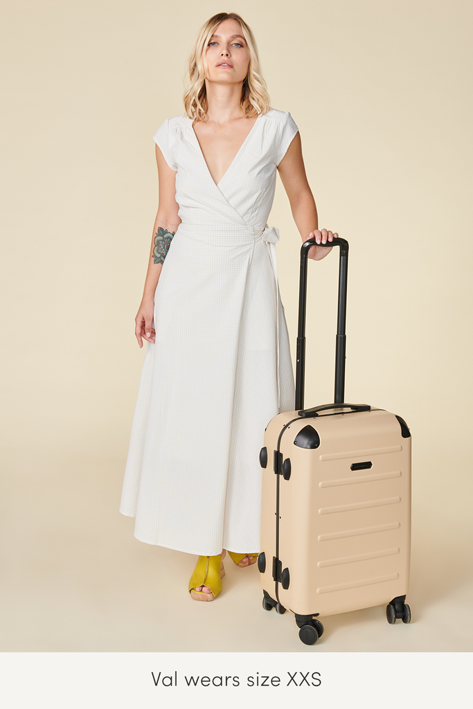 xxs white plaid maxi travel dress sustainably made